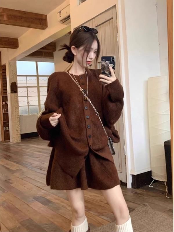 Set: Round Neck Ribbed Cardigan + Elastic Waist Mini A-Line Knit Skirt
