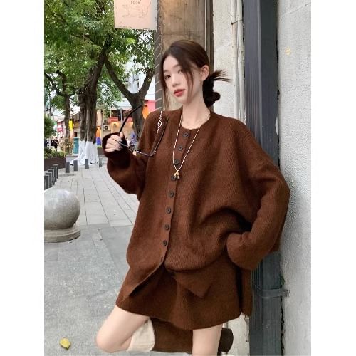 Set: Round Neck Ribbed Cardigan + Elastic Waist Mini A-Line Knit Skirt
