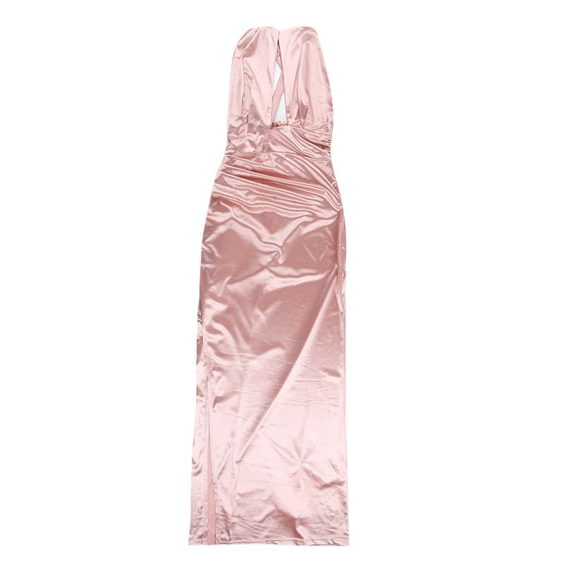 Halter Neck Plain Cutout Ruched Slit Maxi Bodycon Dress