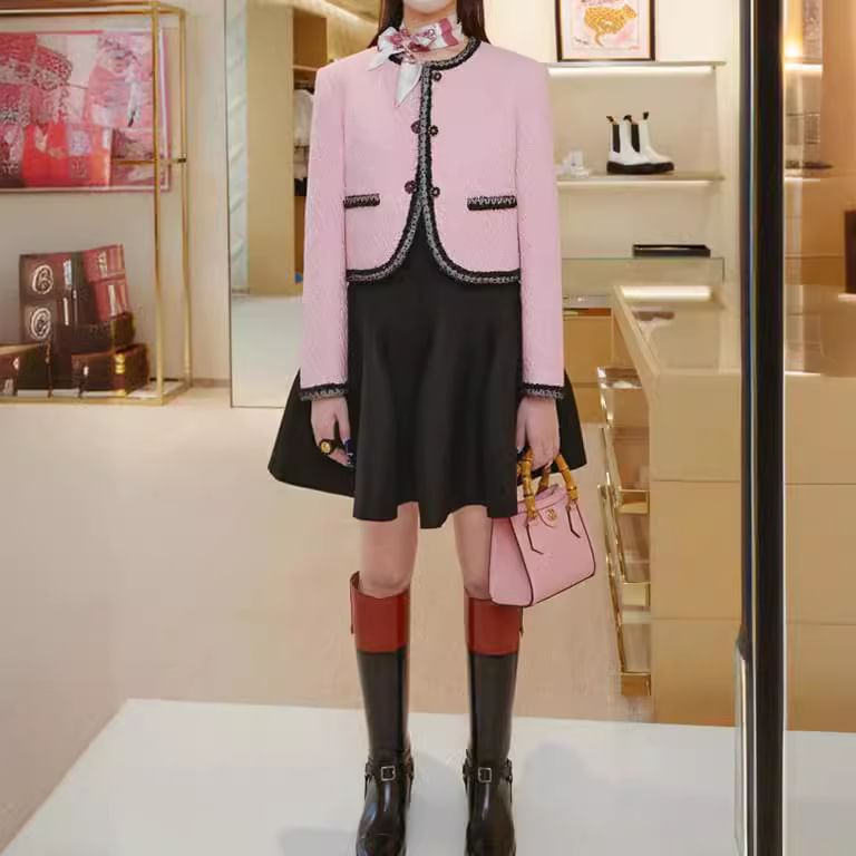 Crew Neck Contrast Trim Button-Up Tweed Crop Jacket