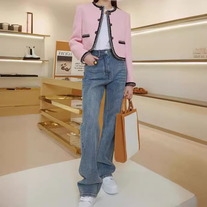 Crew Neck Contrast Trim Button-Up Tweed Crop Jacket