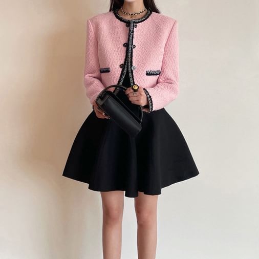 Crew Neck Contrast Trim Button-Up Tweed Crop Jacket