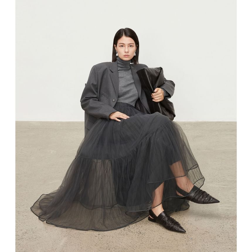 Layered Mesh Midi A-Line Skirt with High Waist