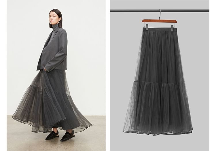 Layered Mesh Midi A-Line Skirt with High Waist