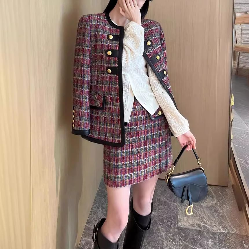 Crew Neck Faux Leather Panel Contrast Trim Tweed Jacket / High Waist Mini A-Line Skirt