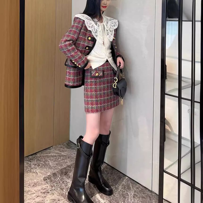 Crew Neck Faux Leather Panel Contrast Trim Tweed Jacket / High Waist Mini A-Line Skirt