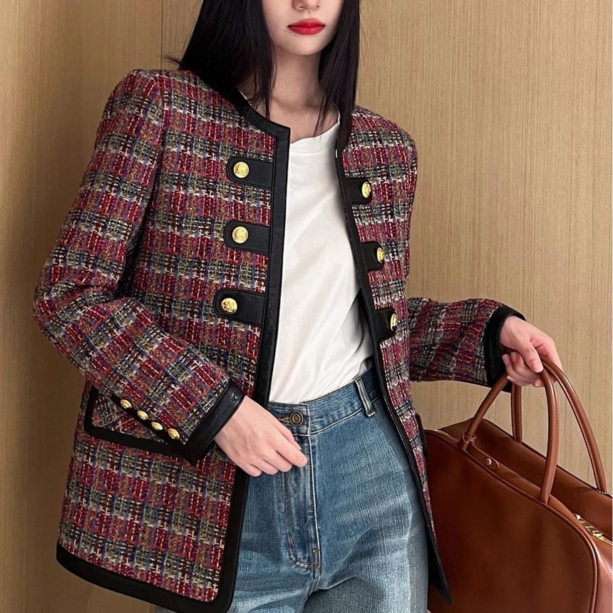 Crew Neck Faux Leather Panel Contrast Trim Tweed Jacket / High Waist Mini A-Line Skirt