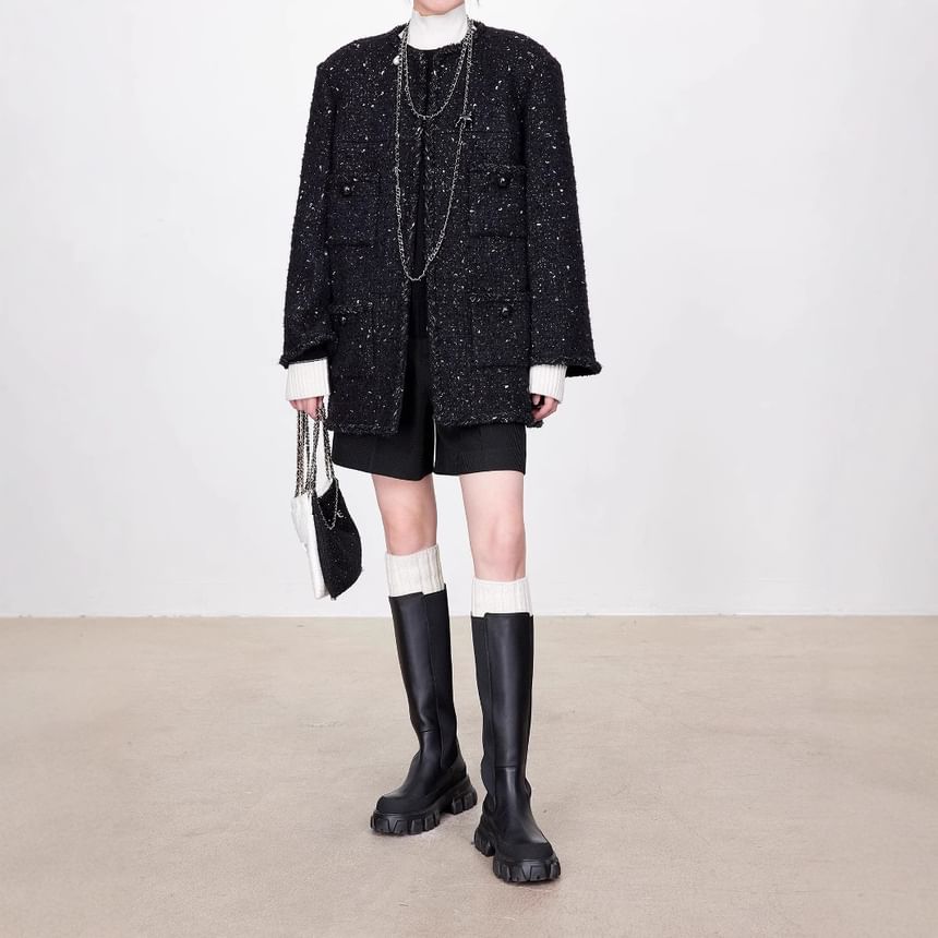 Crew Neck Braided Trim Open Front Tweed Jacket