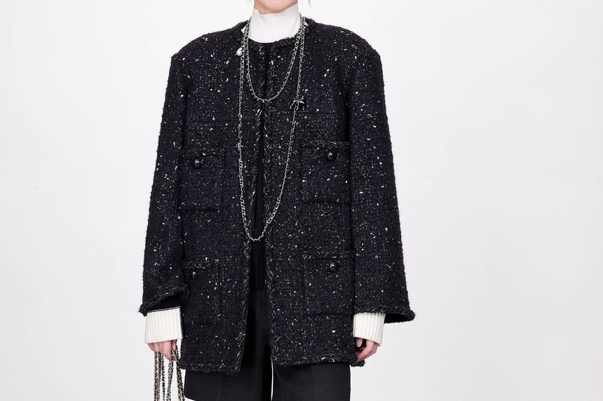 Crew Neck Braided Trim Open Front Tweed Jacket