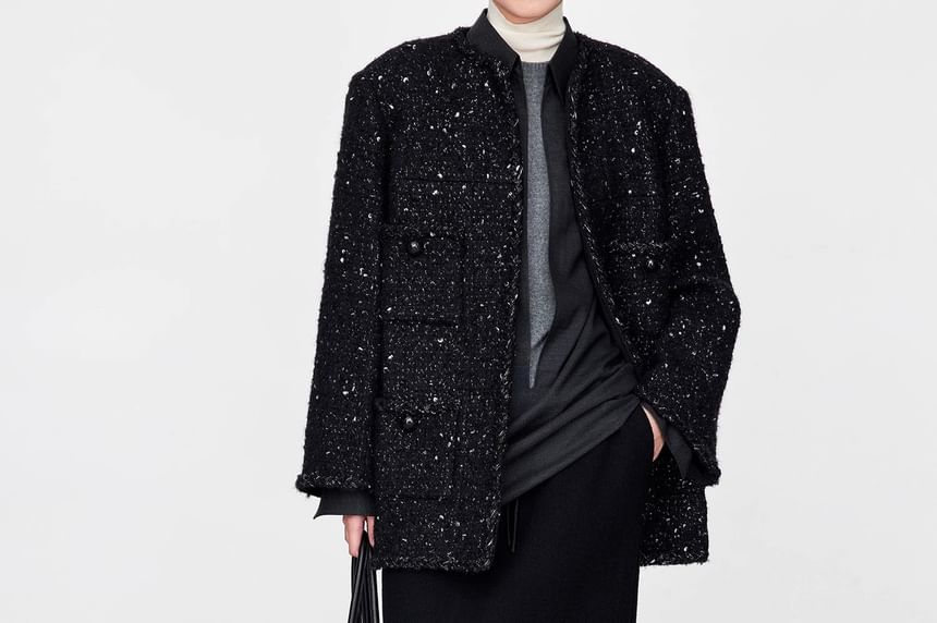 Crew Neck Braided Trim Open Front Tweed Jacket