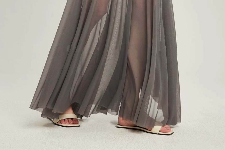 Mesh Panel See-Through Maxi A-Line Skirt with High Waist