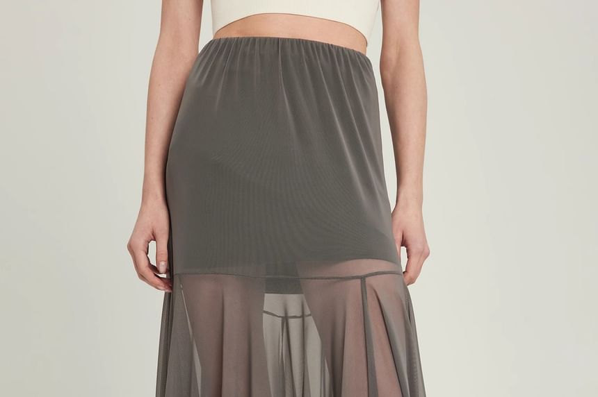 Mesh Panel See-Through Maxi A-Line Skirt with High Waist