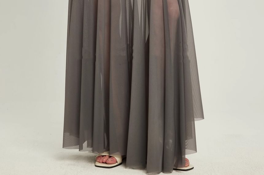 Mesh Panel See-Through Maxi A-Line Skirt with High Waist