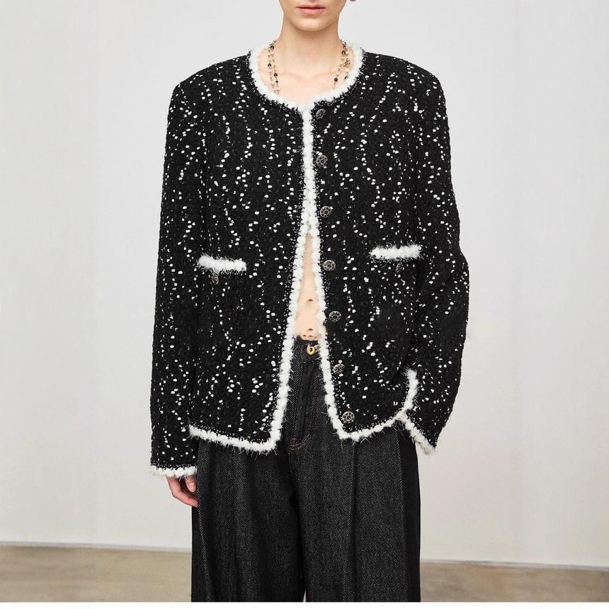 Crew Neck Contrast Trim Button-Up Tweed Jacket