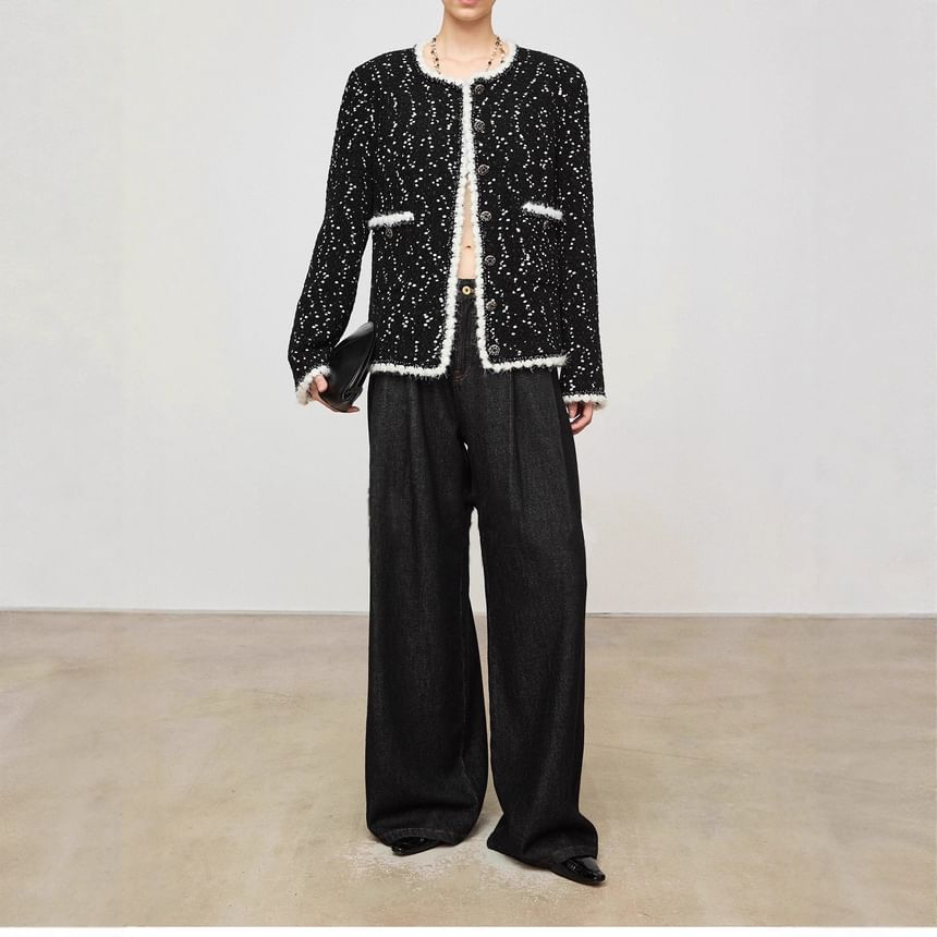 Crew Neck Contrast Trim Button-Up Tweed Jacket