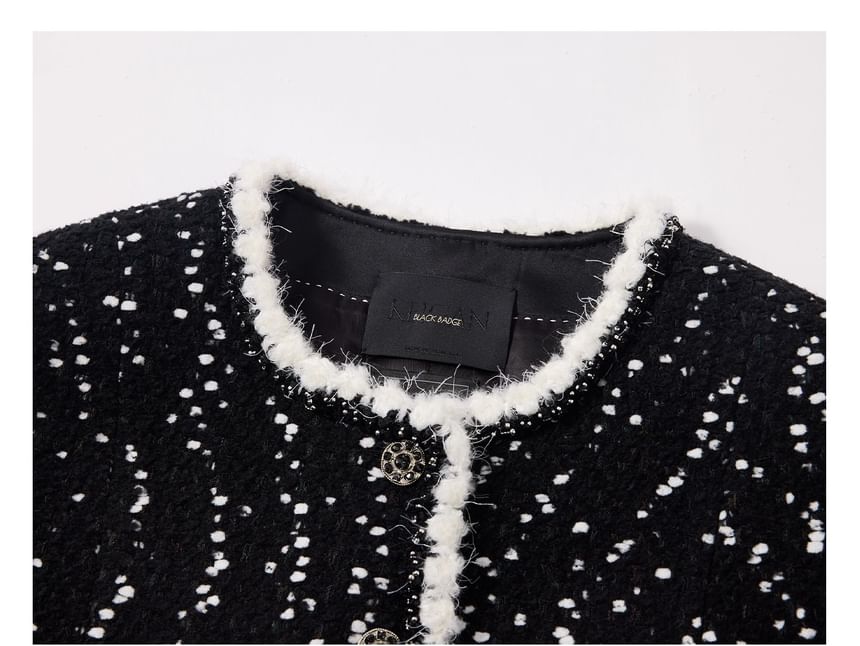 Crew Neck Contrast Trim Button-Up Tweed Jacket