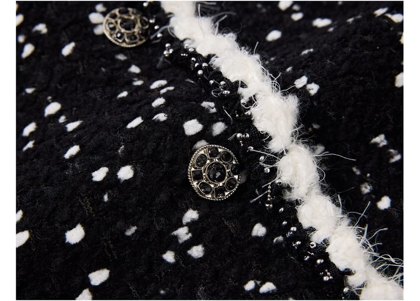 Crew Neck Contrast Trim Button-Up Tweed Jacket