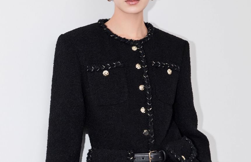 Crew Neck Braided Trim Button-Up Tweed Slit Jacket