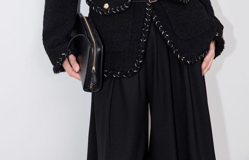 Crew Neck Braided Trim Button-Up Tweed Slit Jacket