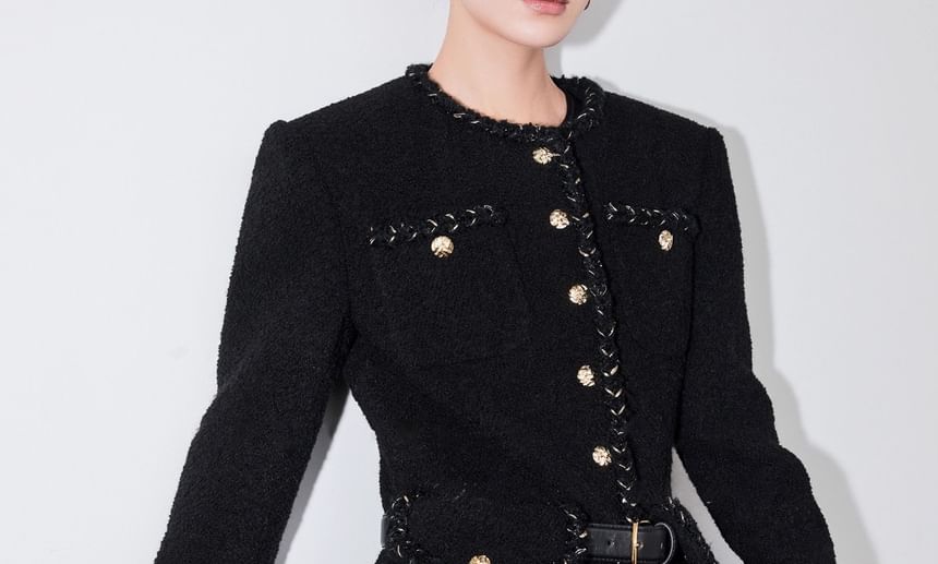 Crew Neck Braided Trim Button-Up Tweed Slit Jacket