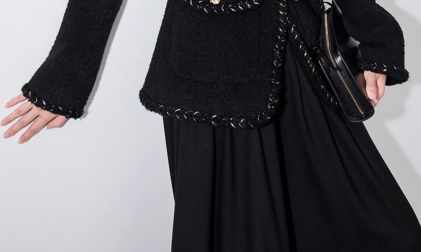 Crew Neck Braided Trim Button-Up Tweed Slit Jacket