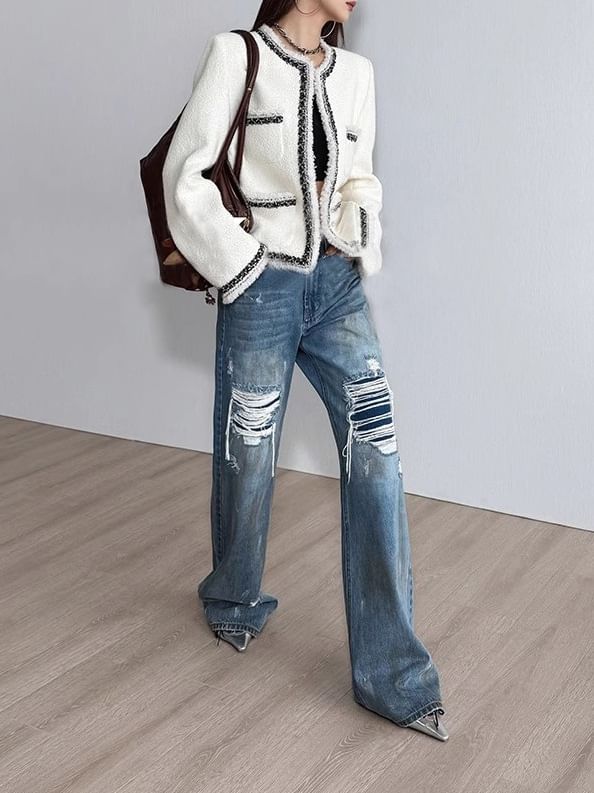 Crew Neck Contrast Trim Fringed Open Front Tweed Jacket