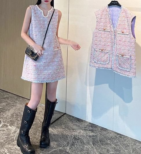 V-Neck Fringed Open Front Tweed Vest / Sleeveless Notch Neck Mini Shift Dress / High Rise Mini A-Line Skirt / Shorts