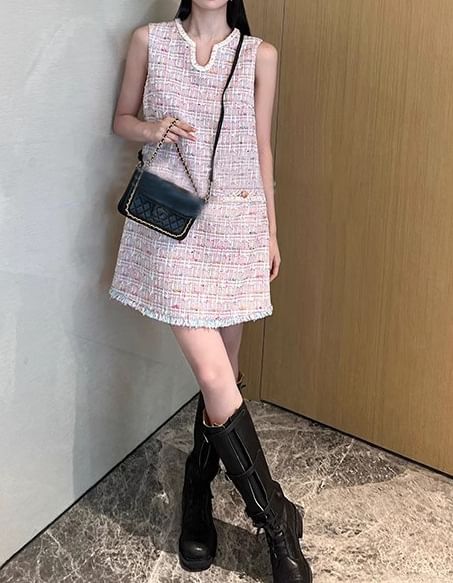 V-Neck Fringed Open Front Tweed Vest / Sleeveless Notch Neck Mini Shift Dress / High Rise Mini A-Line Skirt / Shorts