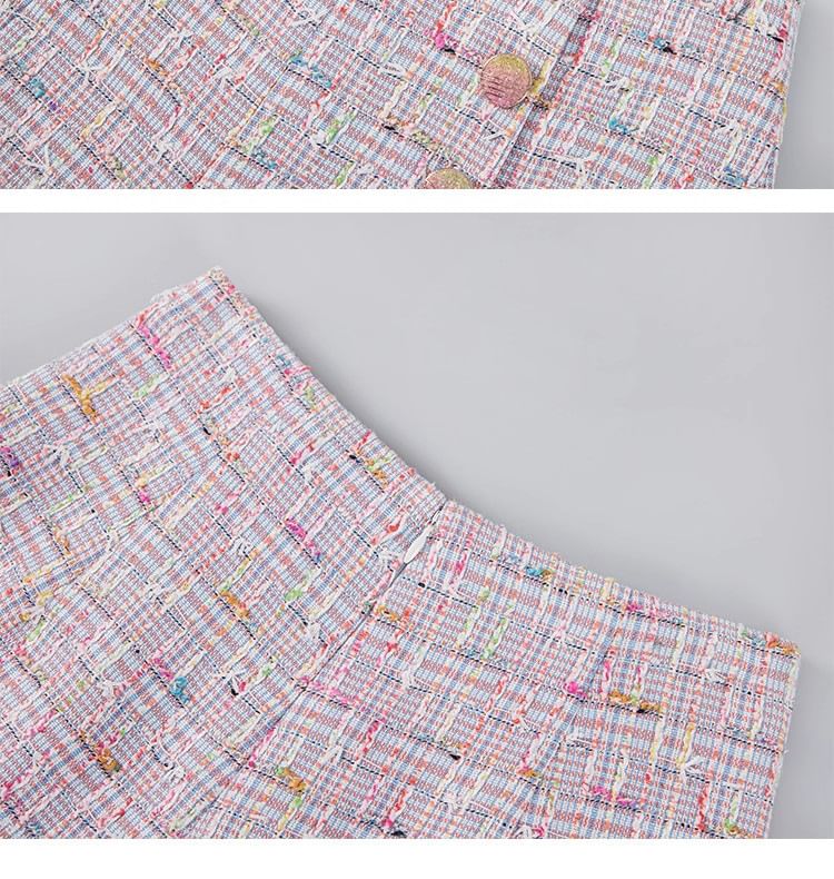 V-Neck Fringed Open Front Tweed Vest / Sleeveless Notch Neck Mini Shift Dress / High Rise Mini A-Line Skirt / Shorts