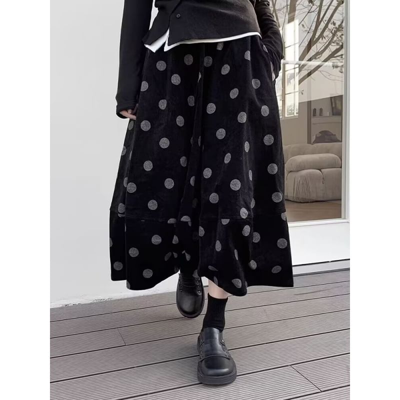 Dotted Corduroy Midi A-Line Skirt with High Rise