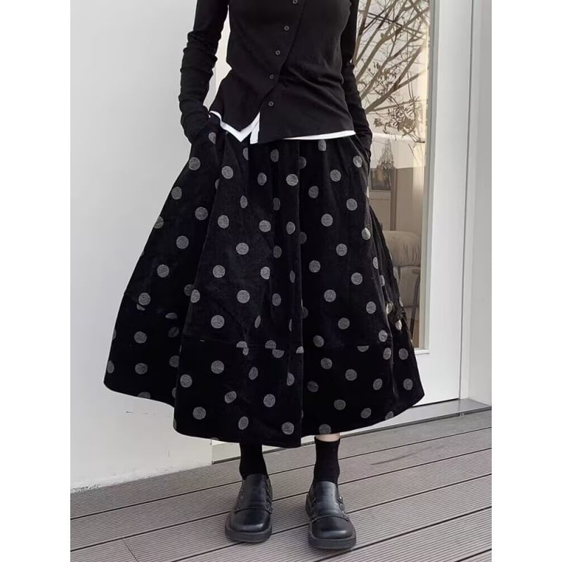 Dotted Corduroy Midi A-Line Skirt with High Rise