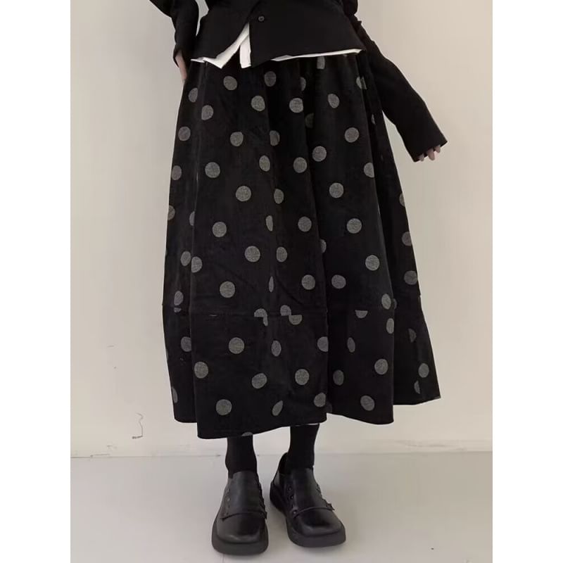 Dotted Corduroy Midi A-Line Skirt with High Rise