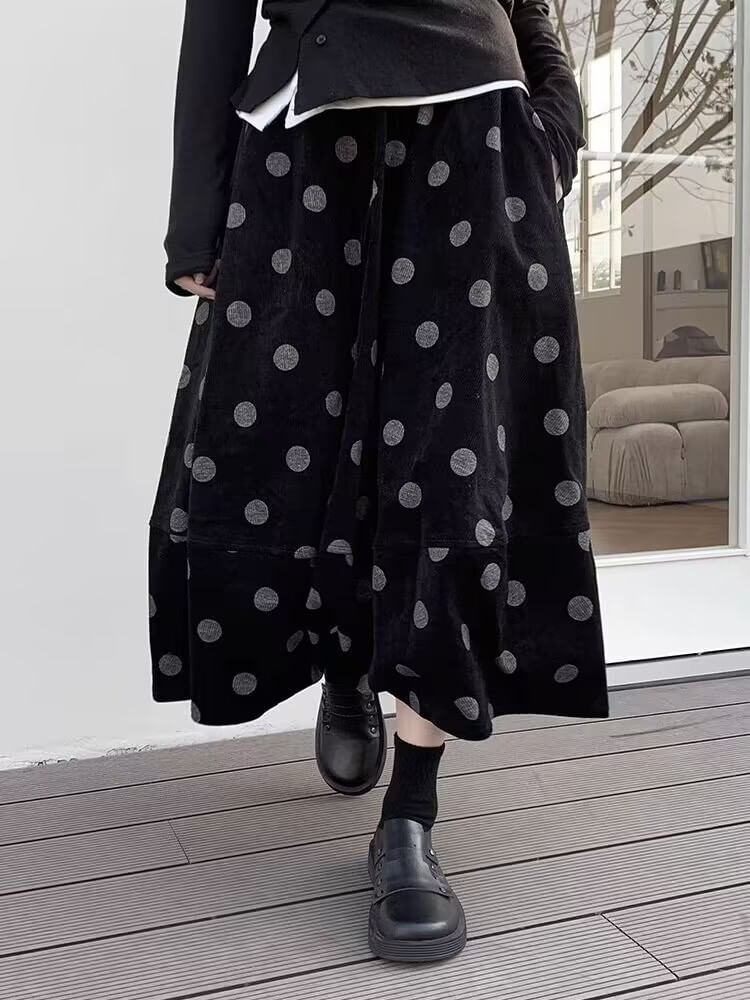 Dotted Corduroy Midi A-Line Skirt with High Rise