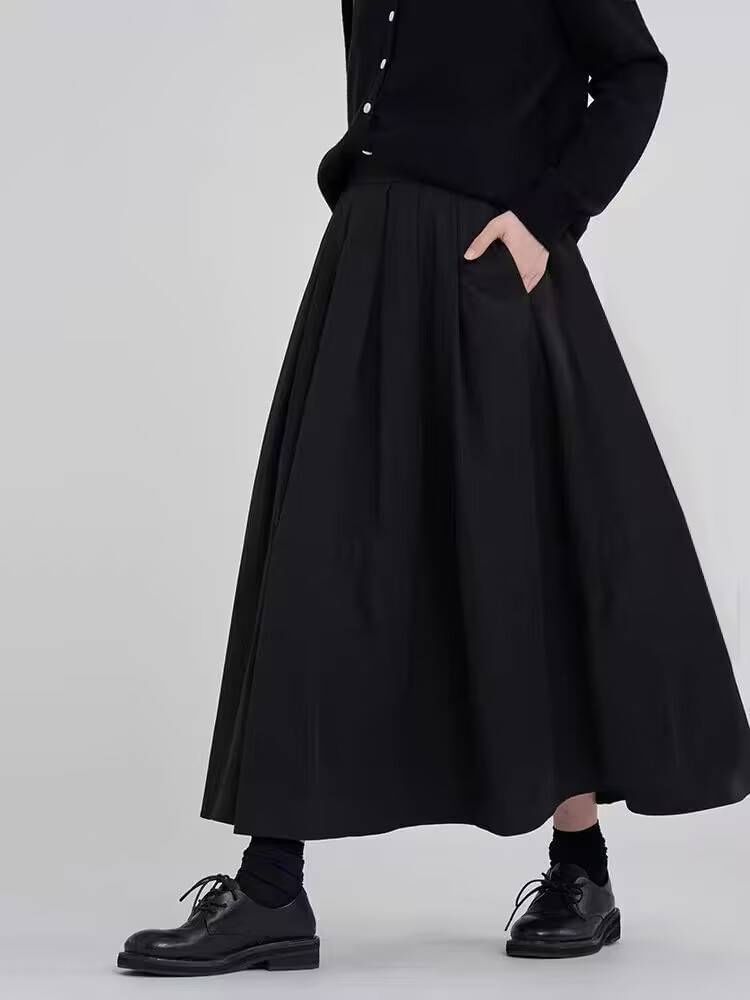 Elastic Waist Plain Midi A-Line Skirt