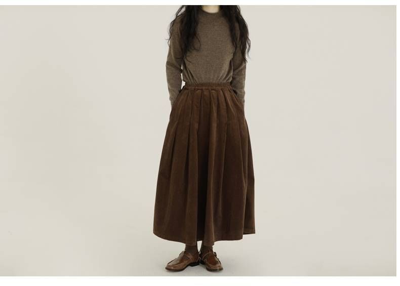Plain Corduroy Midi A-Line Skirt with Elastic Waist