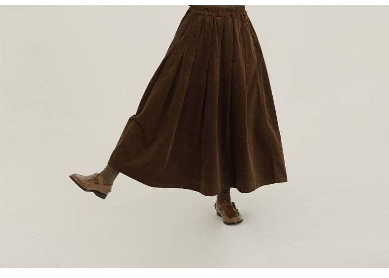 Plain Corduroy Midi A-Line Skirt with Elastic Waist