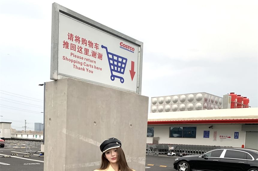 Collared Belted Hook And Eye Tweed Crop Jacket / High Waist Plain Pleated Mini A-Line Skirt