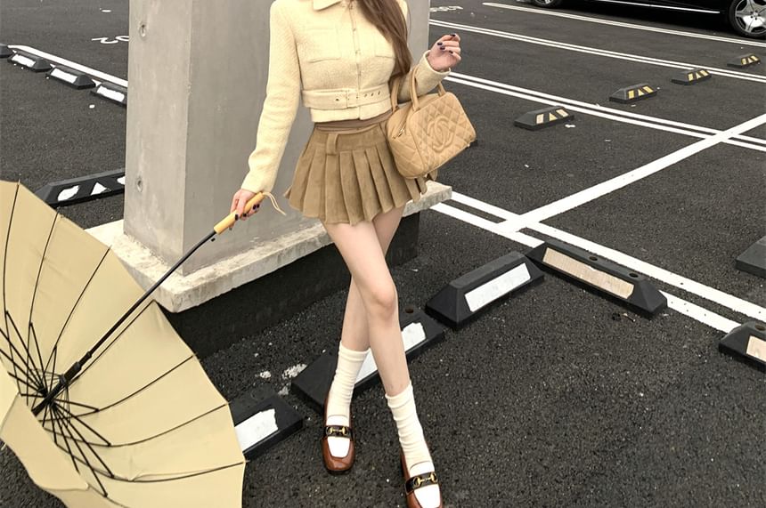 Collared Belted Hook And Eye Tweed Crop Jacket / High Waist Plain Pleated Mini A-Line Skirt