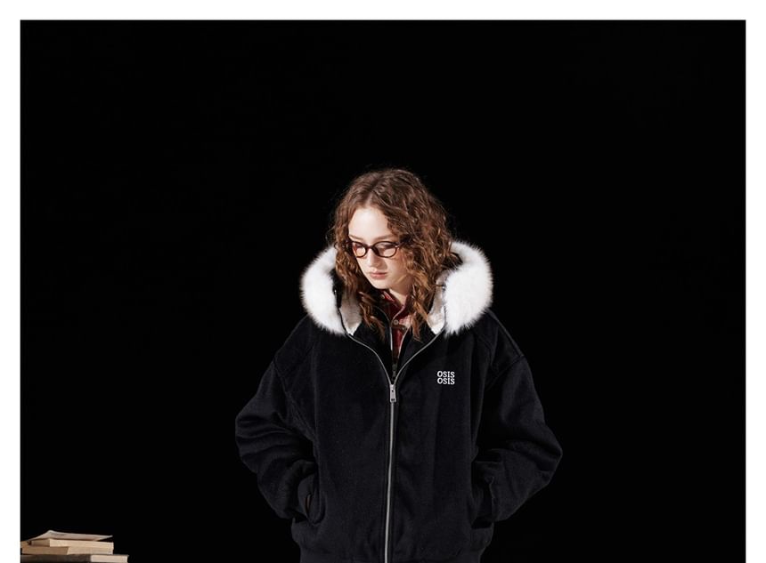 Detachable Faux Fur-Trim Hooded Wool Jacket