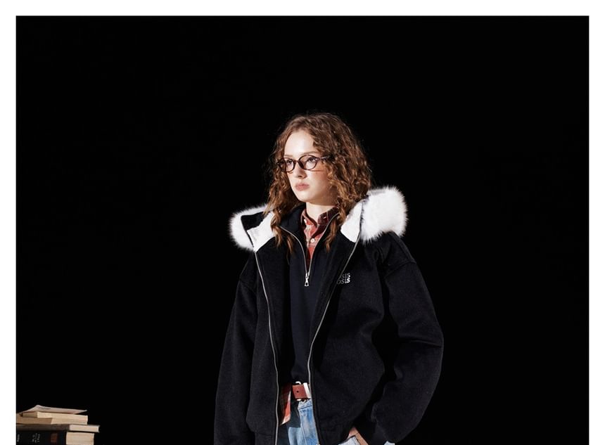 Detachable Faux Fur-Trim Hooded Wool Jacket