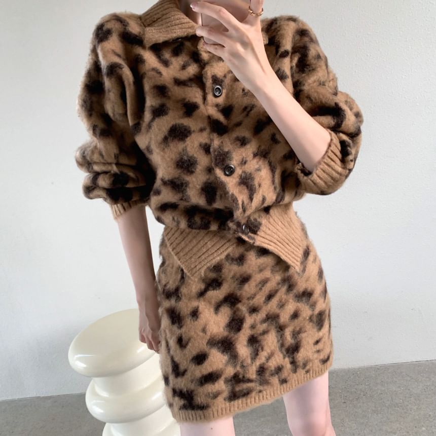 Collar Leopard Print Cardigan and High Rise Mini Pencil Knit Skirt Set