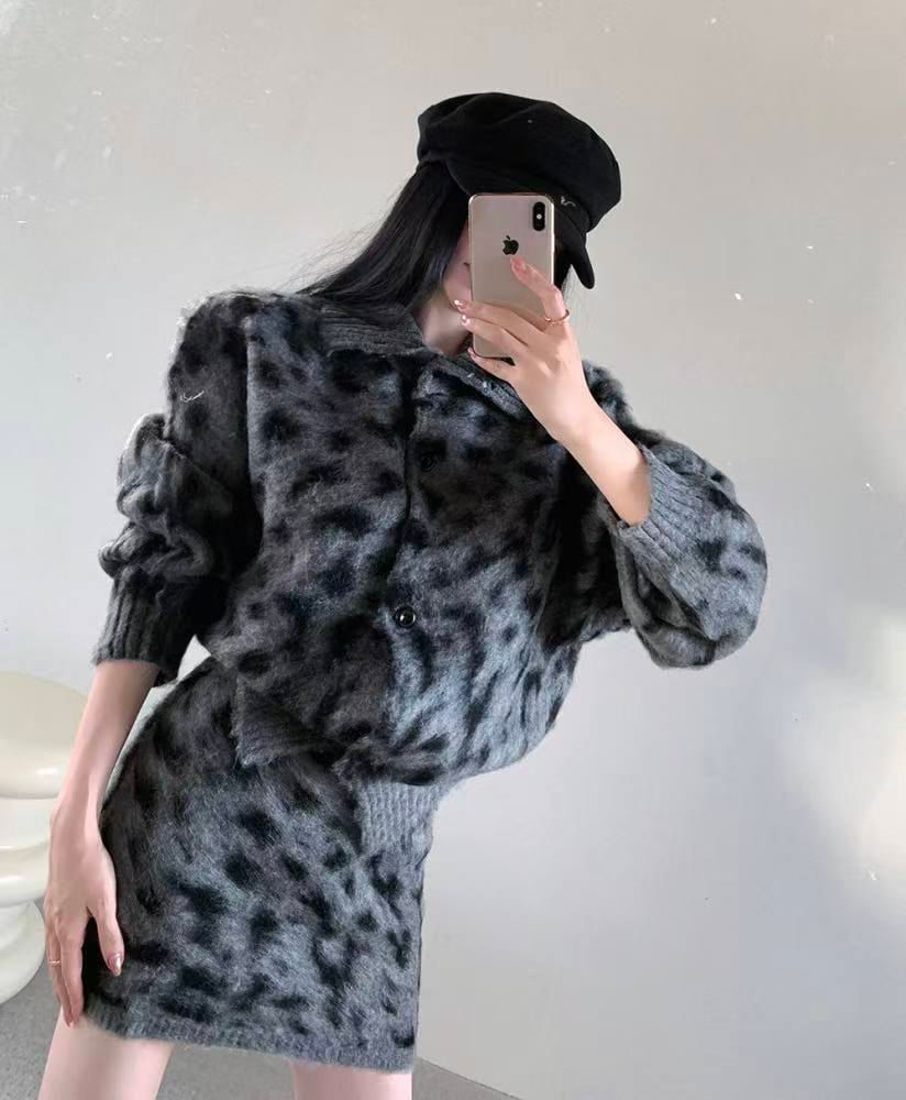 Collar Leopard Print Cardigan and High Rise Mini Pencil Knit Skirt Set