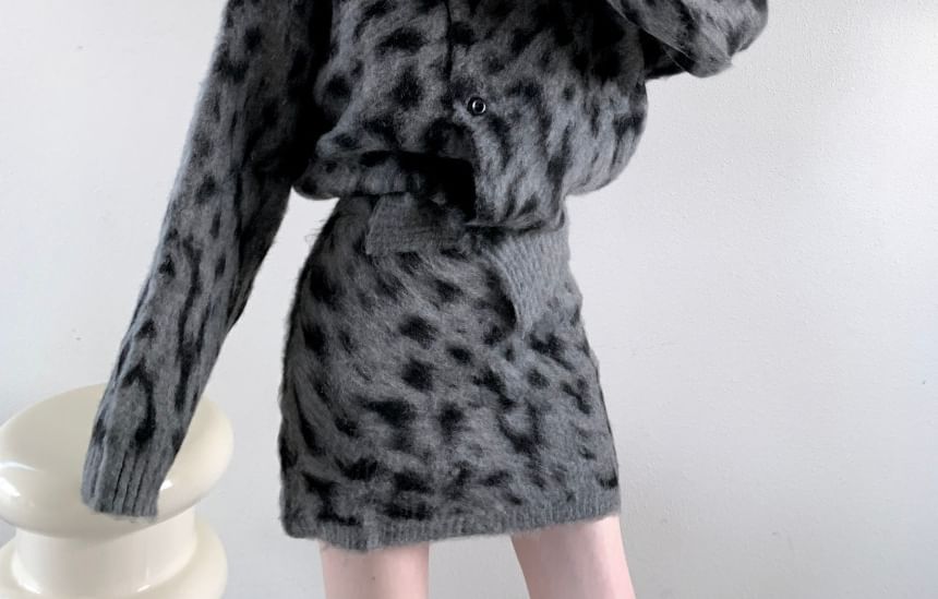 Collar Leopard Print Cardigan and High Rise Mini Pencil Knit Skirt Set
