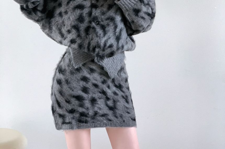 Collar Leopard Print Cardigan and High Rise Mini Pencil Knit Skirt Set