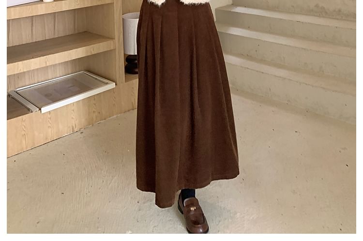Collar Fleece-Lined Corduroy Cropped Jacket and Pleated Midi A-Line Skirt Set