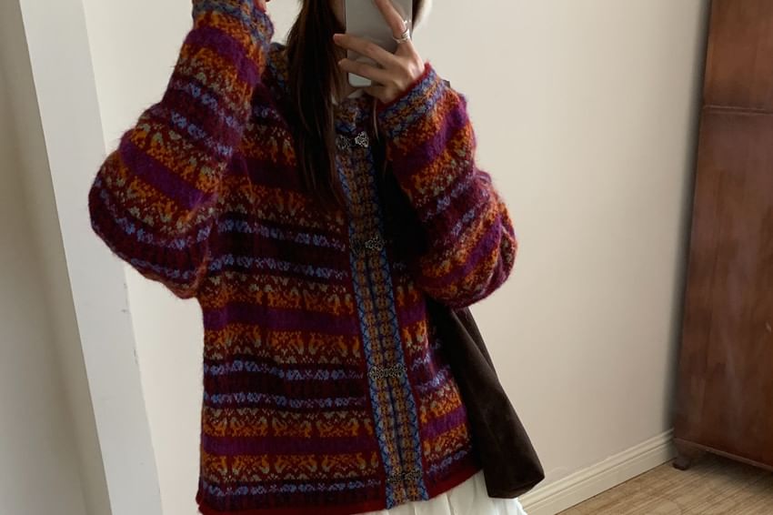 Round Neck Striped Hook and Eye Cardigan