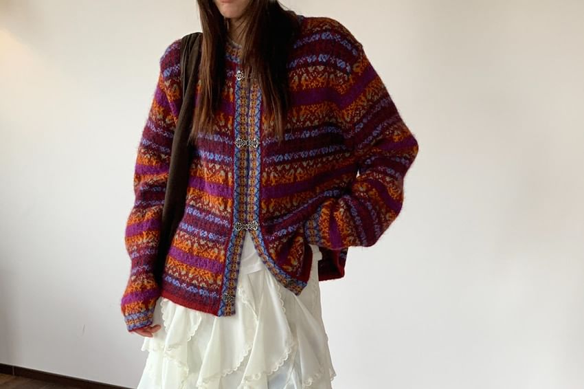 Round Neck Striped Hook and Eye Cardigan