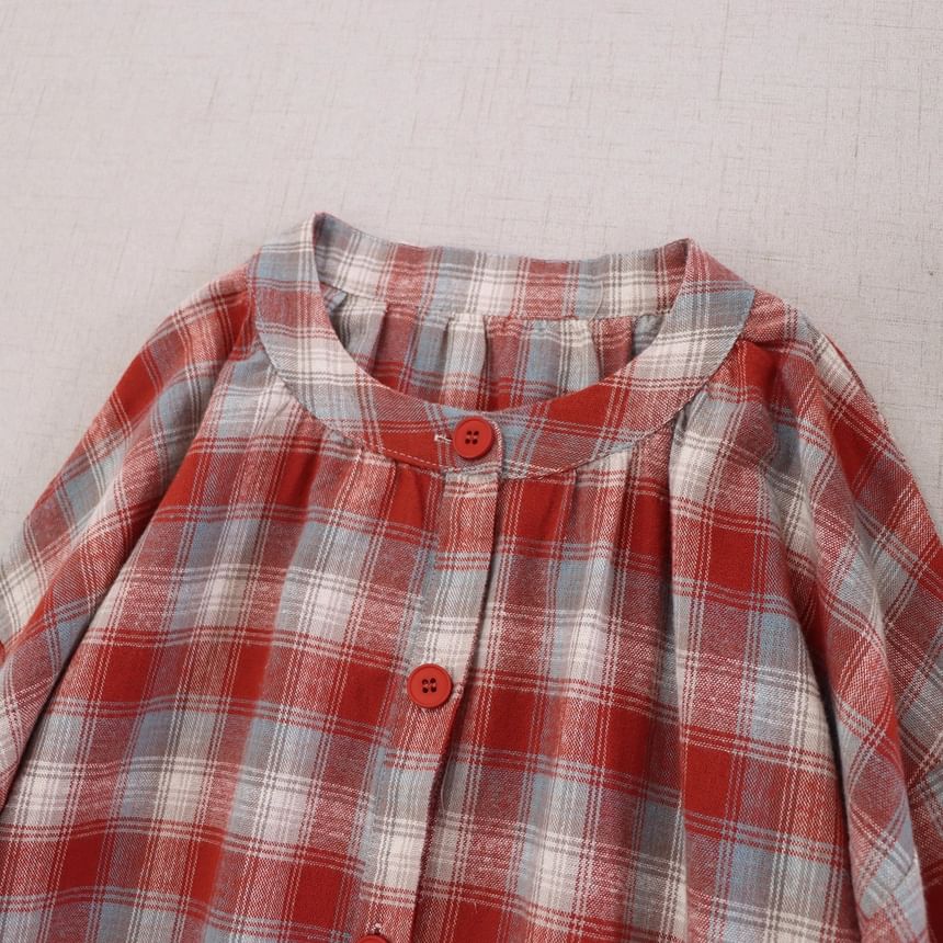 Long-Sleeve Crew Neck Plaid Button-Up Maxi Tunic Dress