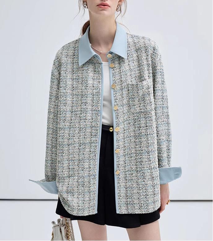 Collar Tweed Contrast Trim Button Jacket