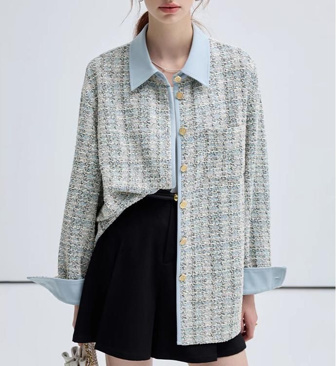 Collar Tweed Contrast Trim Button Jacket